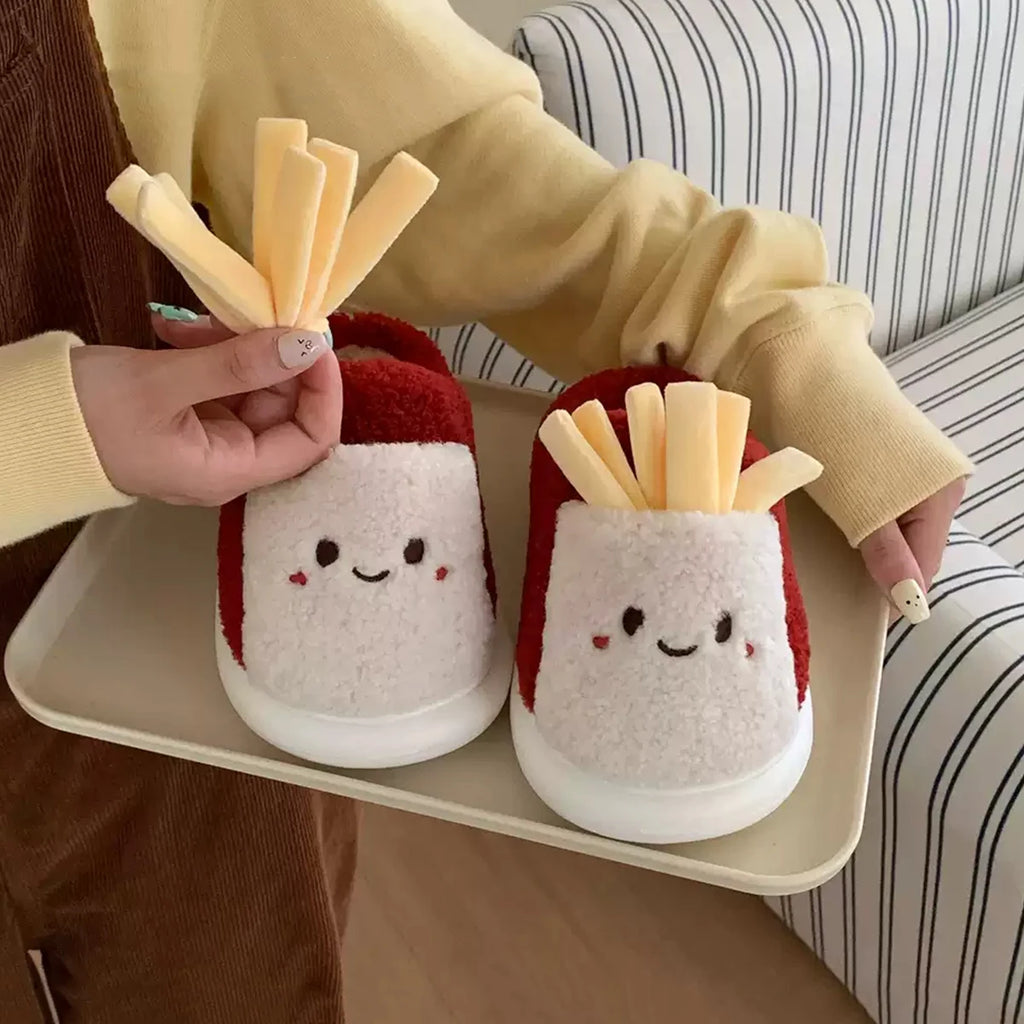 Home Slippers, Bedroom Non-Slip Cute French Fries Parent-Child Winter Warm Women's Cotton Slippers for Men and Women