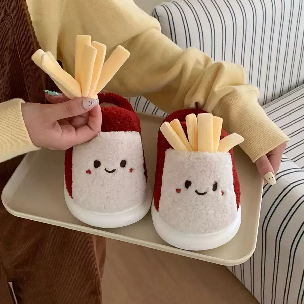 Home Slippers, Bedroom Non-Slip Cute French Fries Parent-Child Winter Warm Women's Cotton Slippers for Men and Women