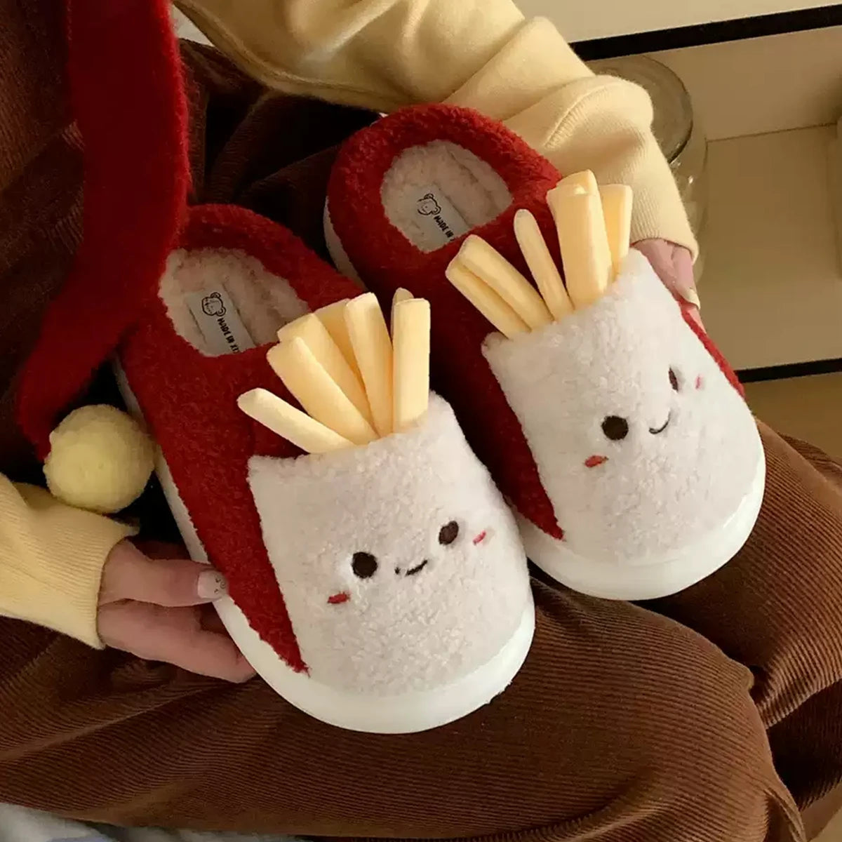 Home Slippers, Bedroom Non-Slip Cute French Fries Parent-Child Winter Warm Women's Cotton Slippers for Men and Women
