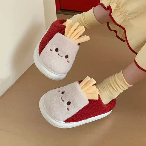 Home Slippers, Bedroom Non-Slip Cute French Fries Parent-Child Winter Warm Women's Cotton Slippers for Men and Women