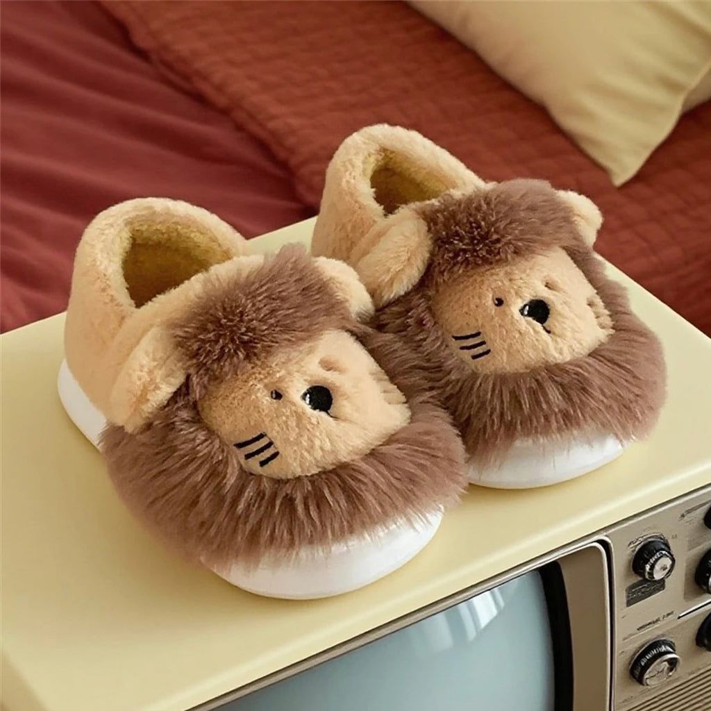 Cartoon Cute Little Lion Plush Home Shoes for Men and Women, Winter Comfortable and Warm Couple's Non-Slip Women's Cotton Slippers